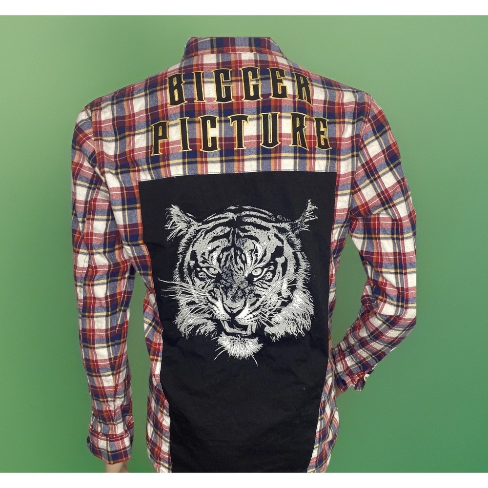 Nana Judy Mens‎ Plaid Shirt Sz S Tiger Back Graphic Long Sleeve Button Up Top